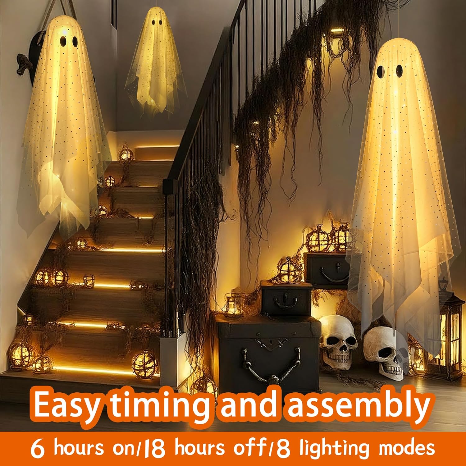 AYGXU Halloween Decorations 3pcs Hanging Ghost with Light