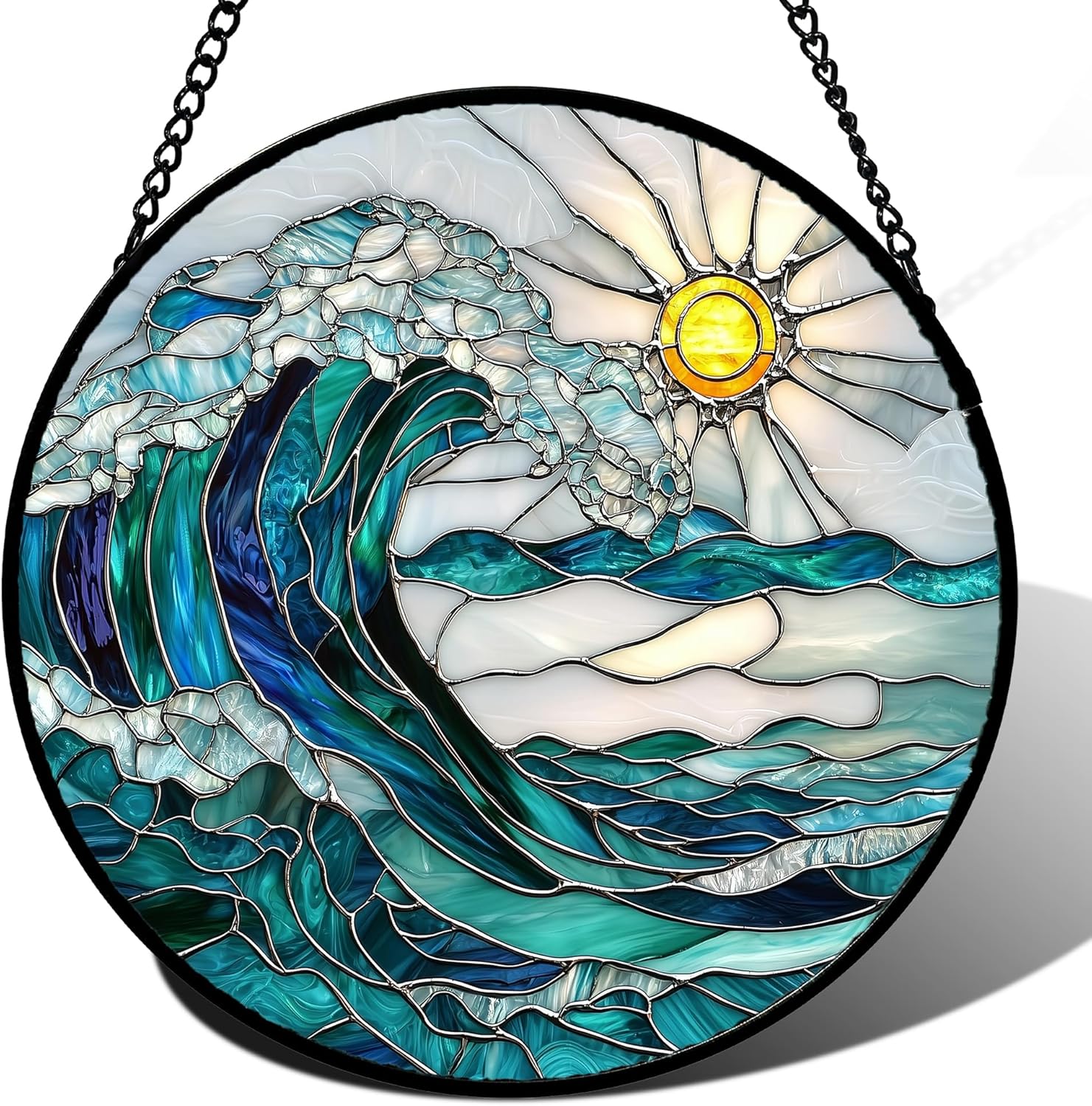 Stained Glass Window Hanging Blue Green Waves Suncatcher 78 Inches