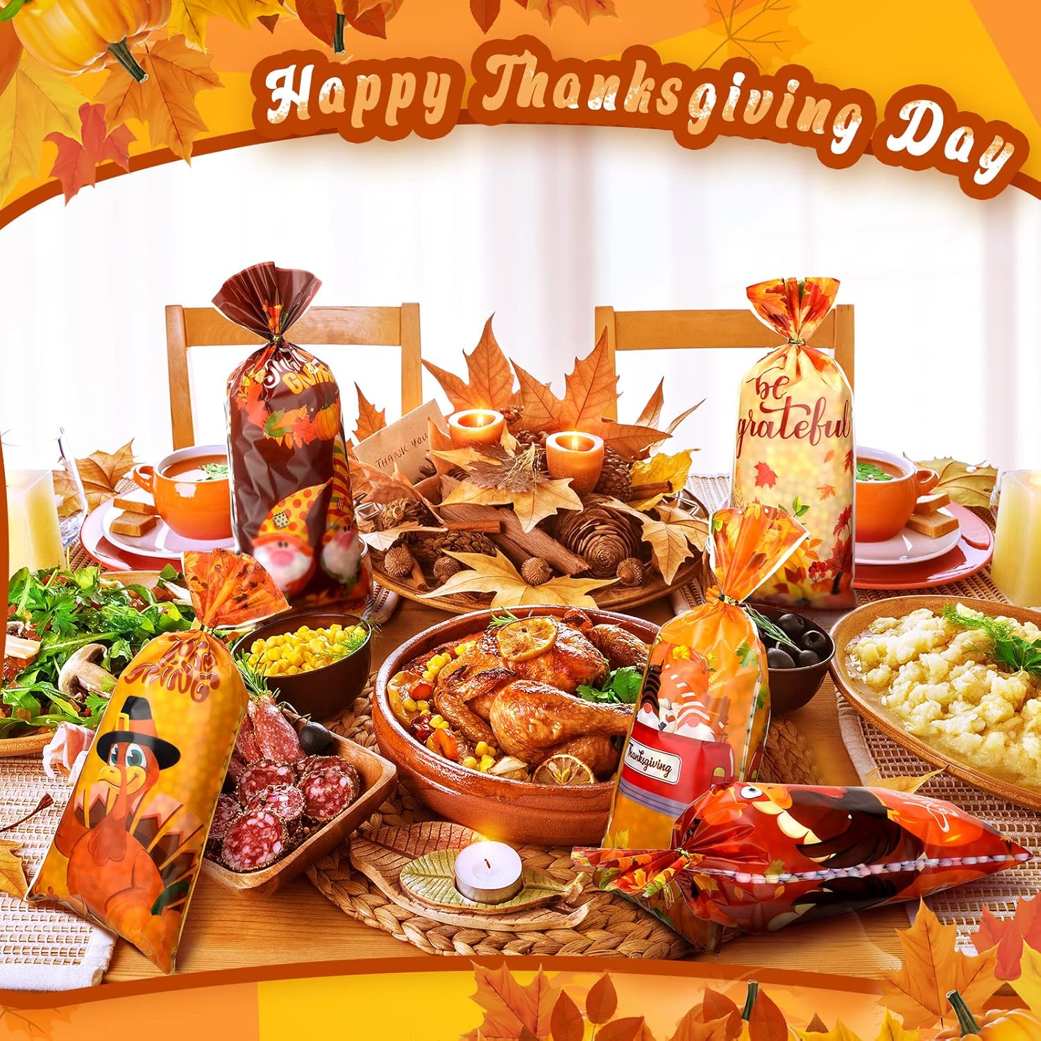 120 Pcs Thanksgiving Cellophane Bags with Gold Twist Ties