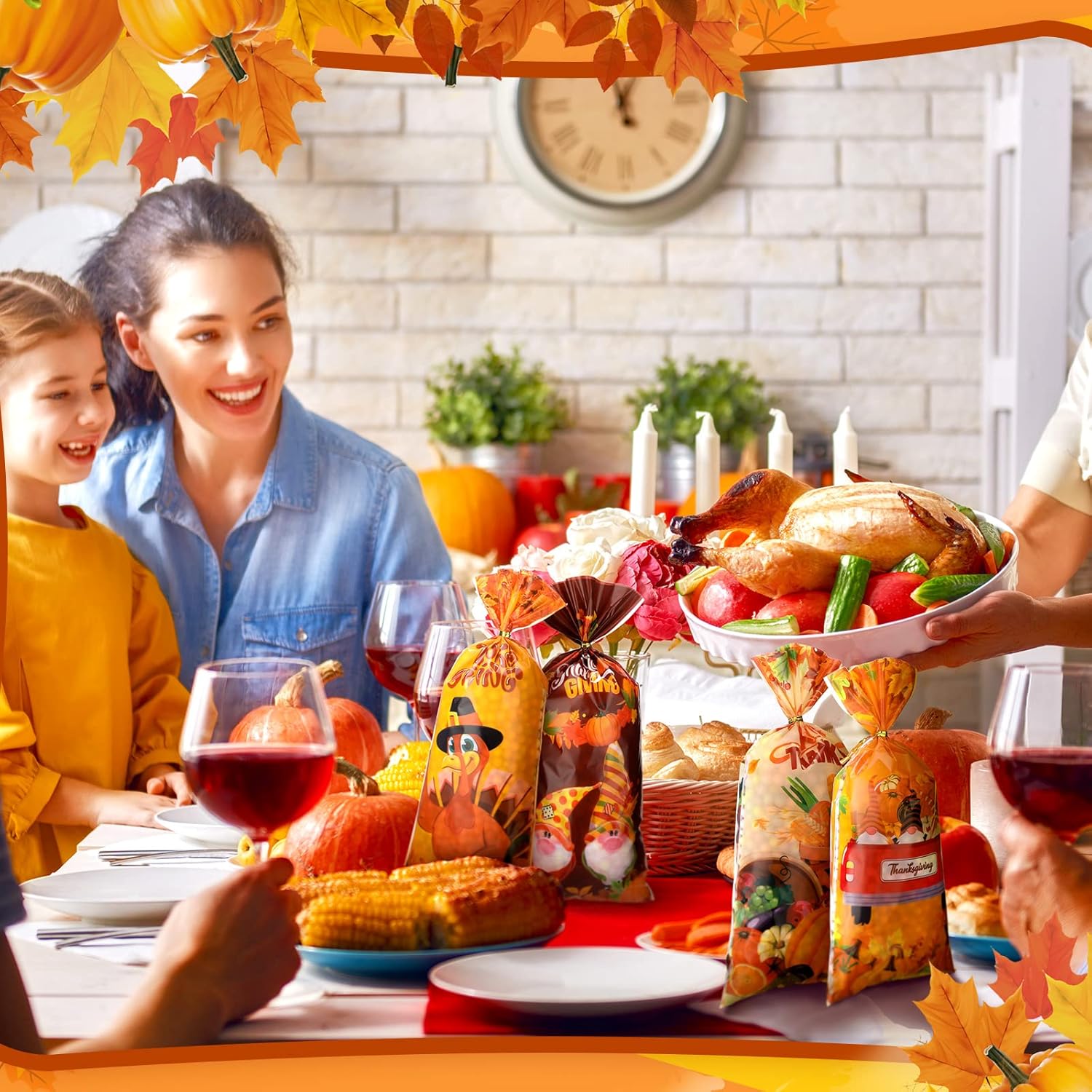120 Pcs Thanksgiving Cellophane Bags with Gold Twist Ties
