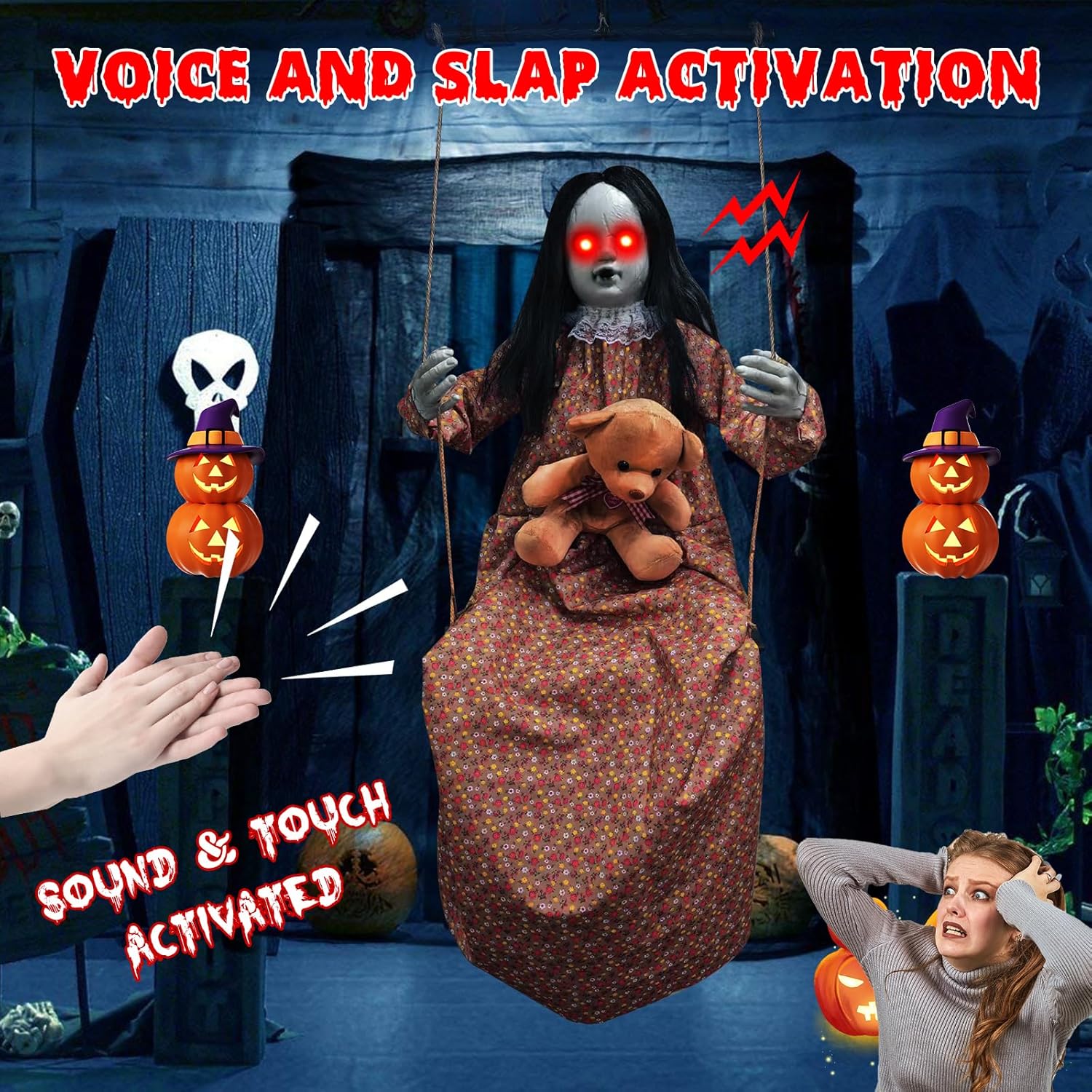 Scary Halloween Hanging Girl Prop with Sound and Light