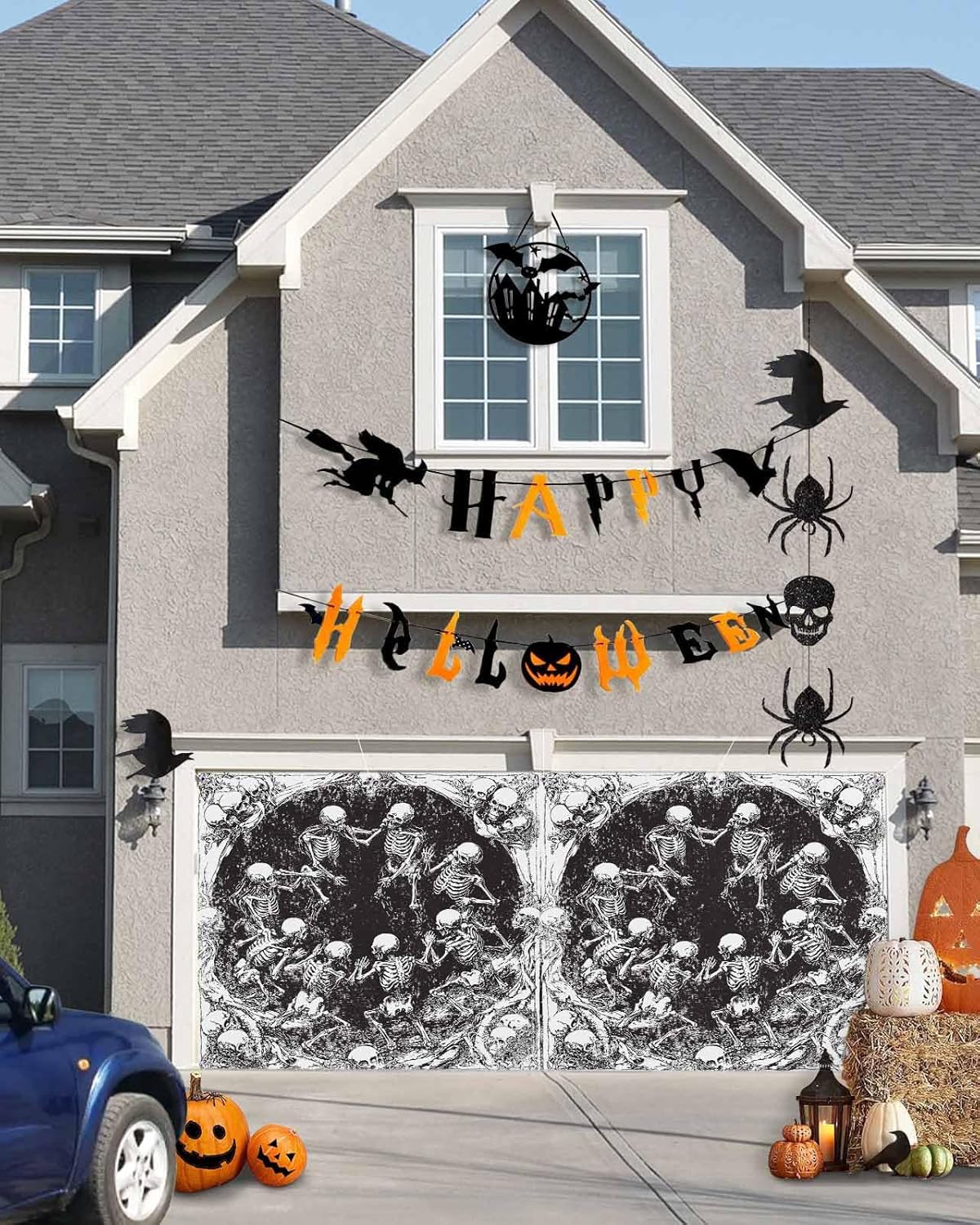 Halloween Skeletons Garage Door Cover 7x8ft Retro Modern Art Banner