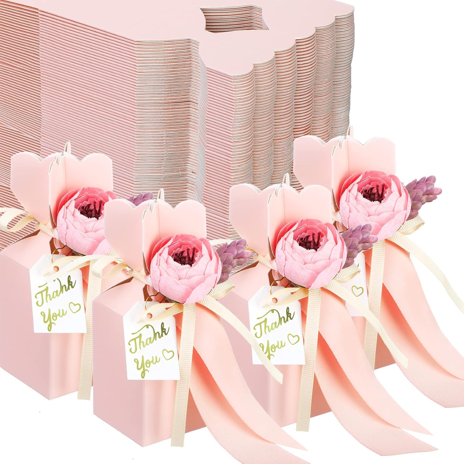 TaoBary 50 Pcs Pink Wedding Gift Boxes with Bow and Flower