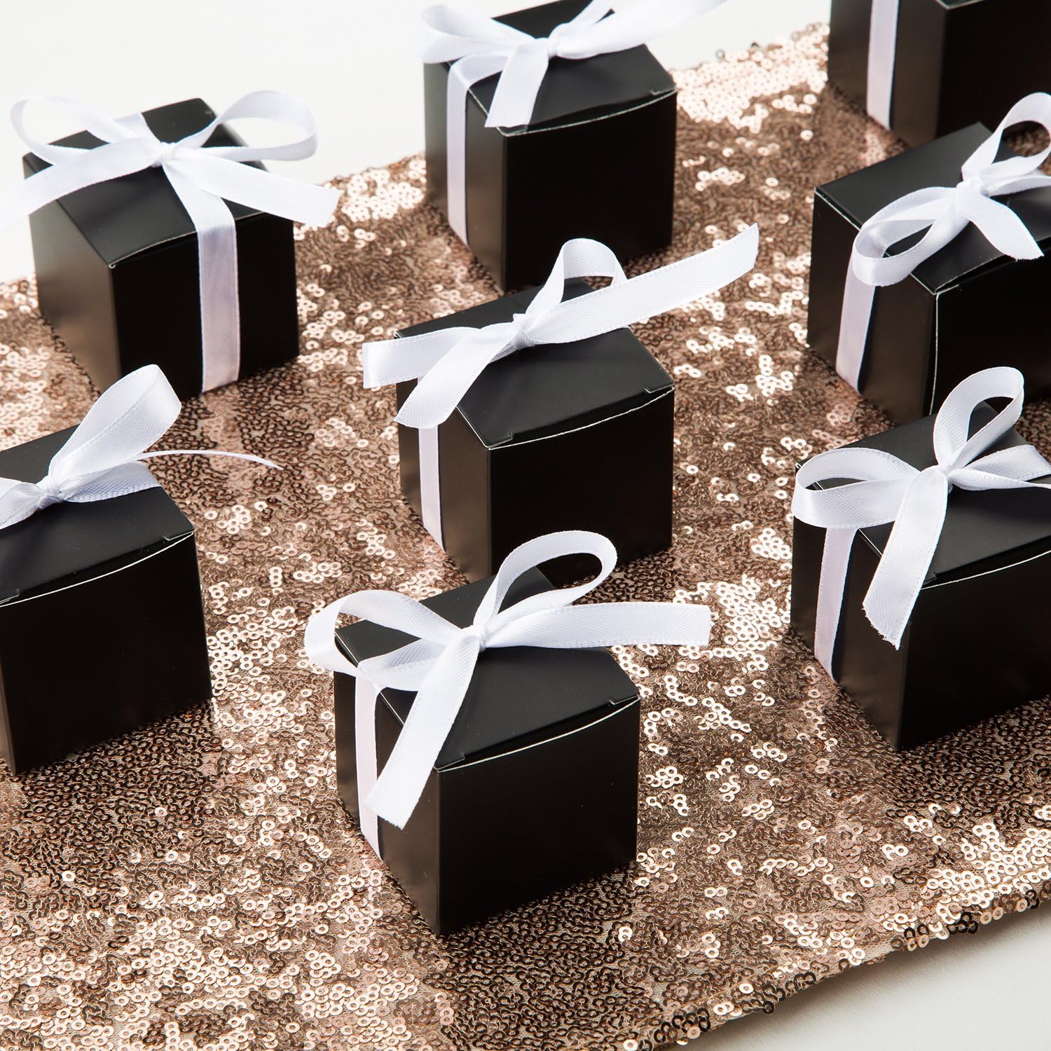 AWELL Black Gift Candy Box with White Ribbon Pack of 50