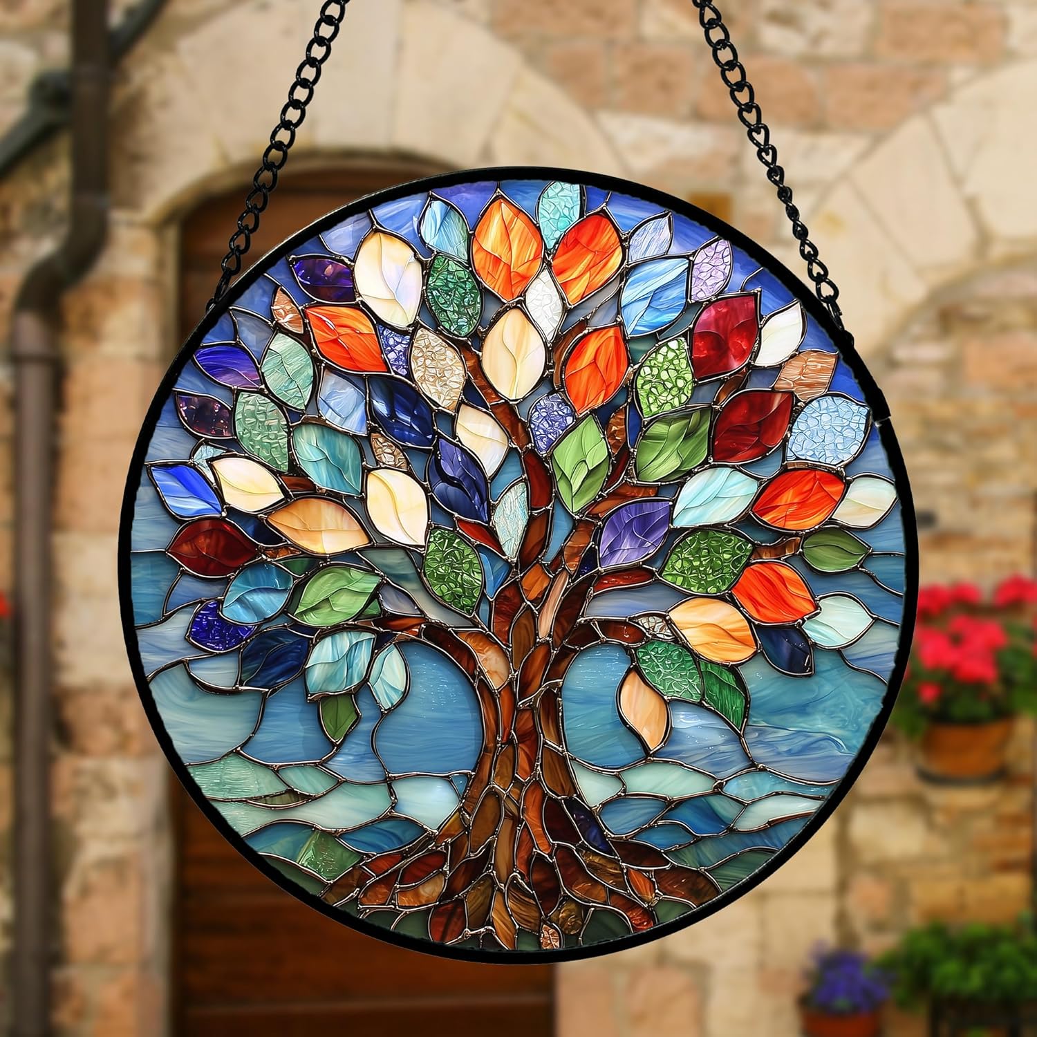 Stained Glass Window Hanging Blue Tree of Life Suncatcher