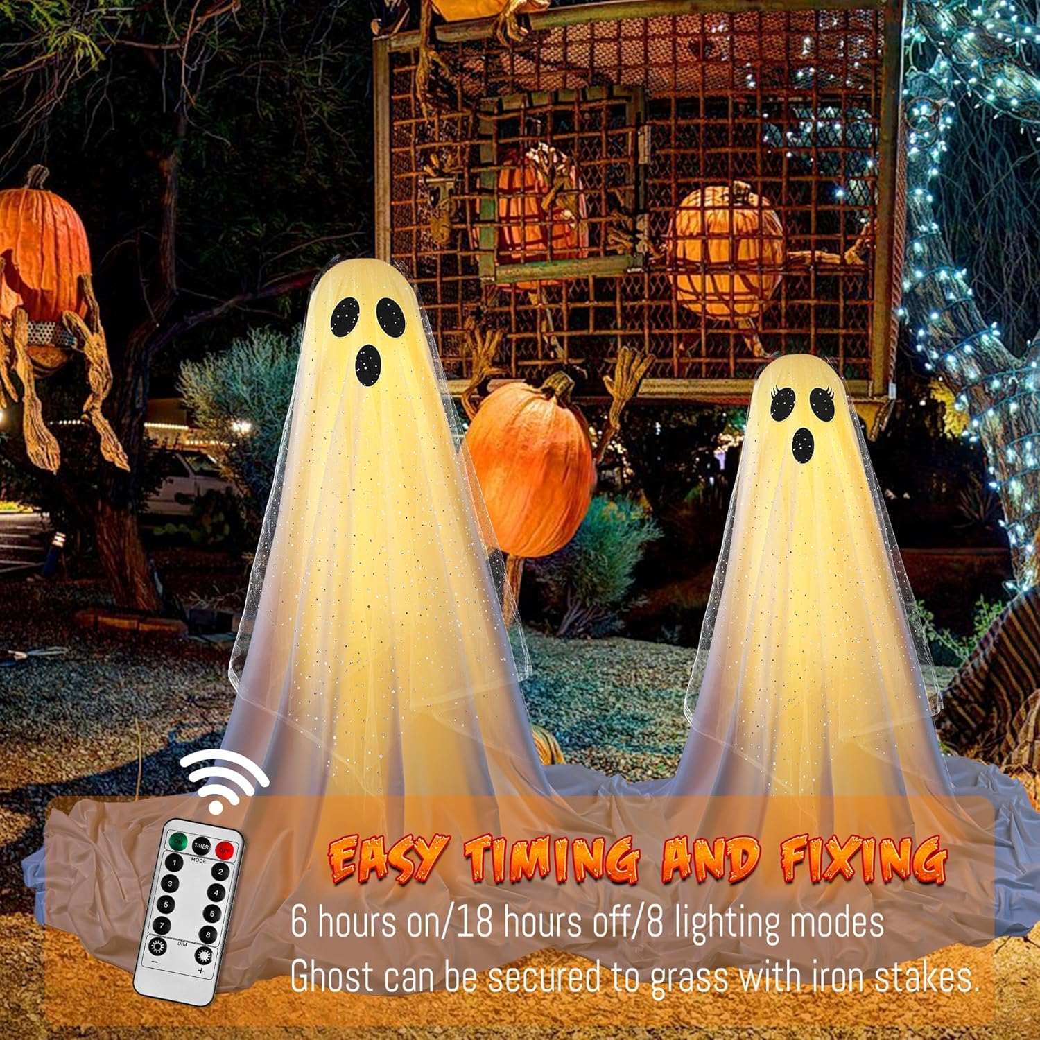 2Packs Halloween Ghost Decorations with Remote Control String Lights