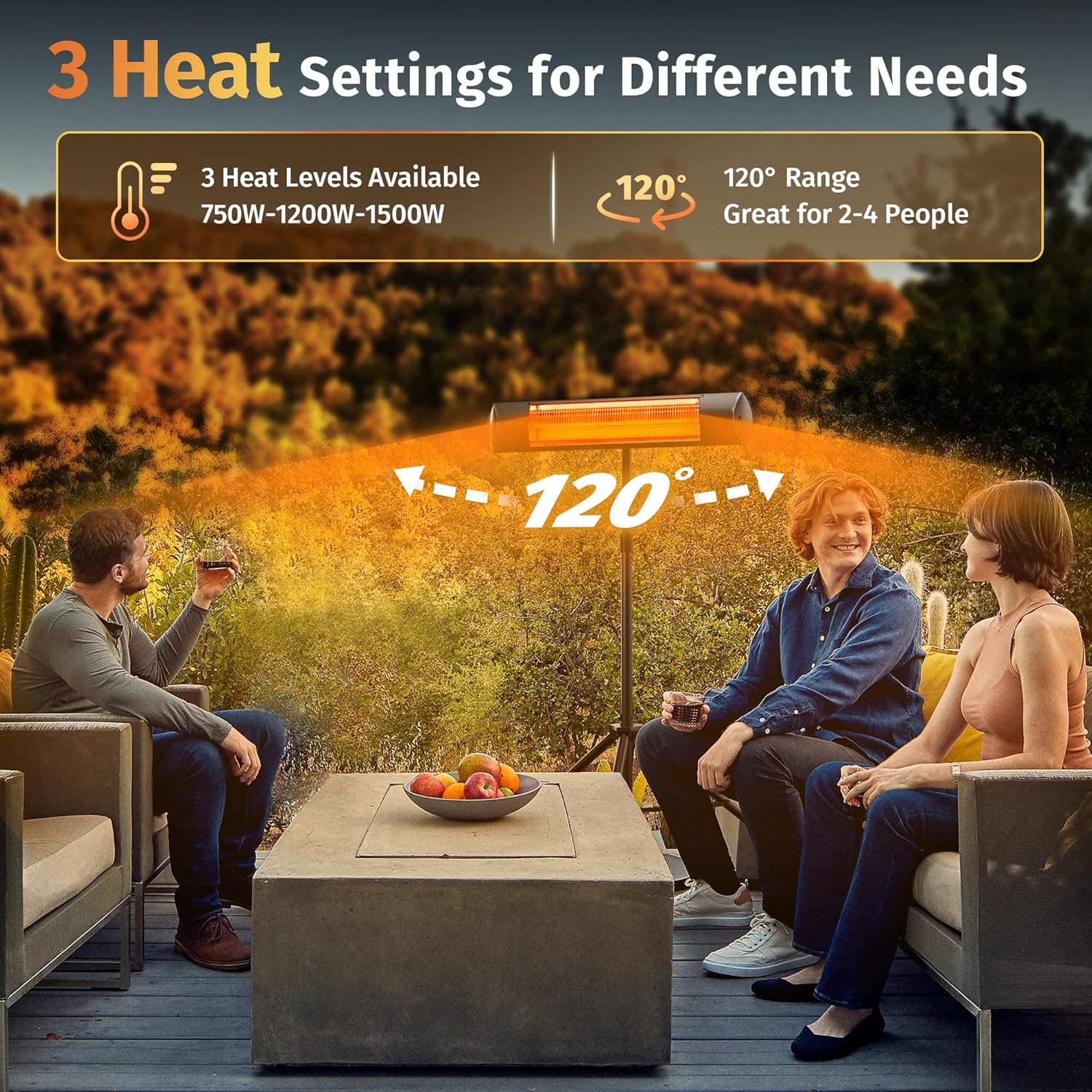 EAST OAK 1500W Infrared Patio Heater with 3 Heat Levels and IP55 Waterproof