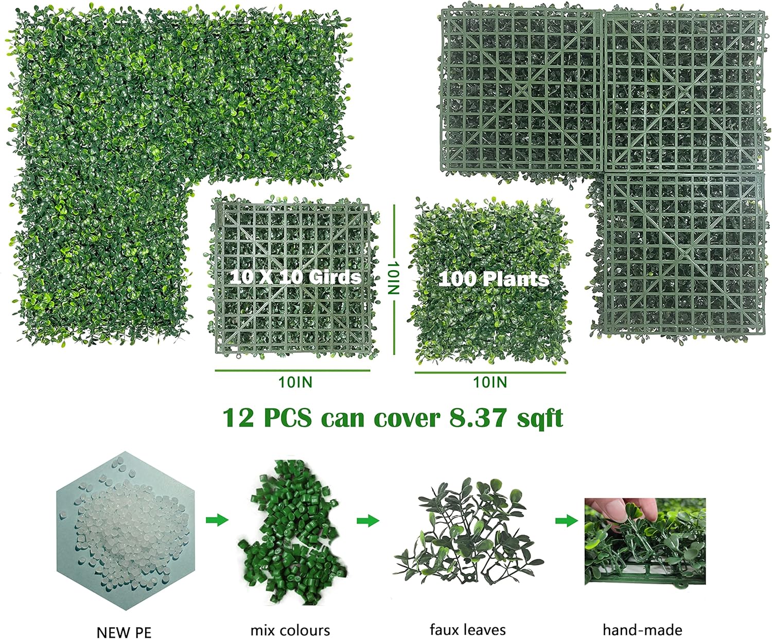 Bybeton Artificial Grass Wall Panel 10x10 Inch 12Pcs