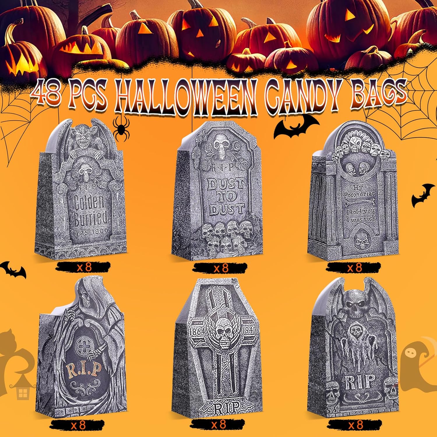 Yeaqee 48 Halloween Tombstone Candy Bags Ghost Design