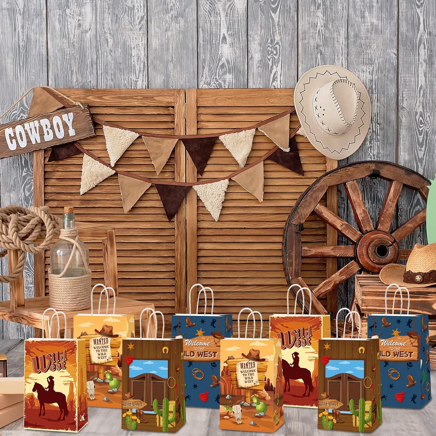 ZOIIWA 12 Pack Cowboy Gift Bags for Birthday Party Supplies