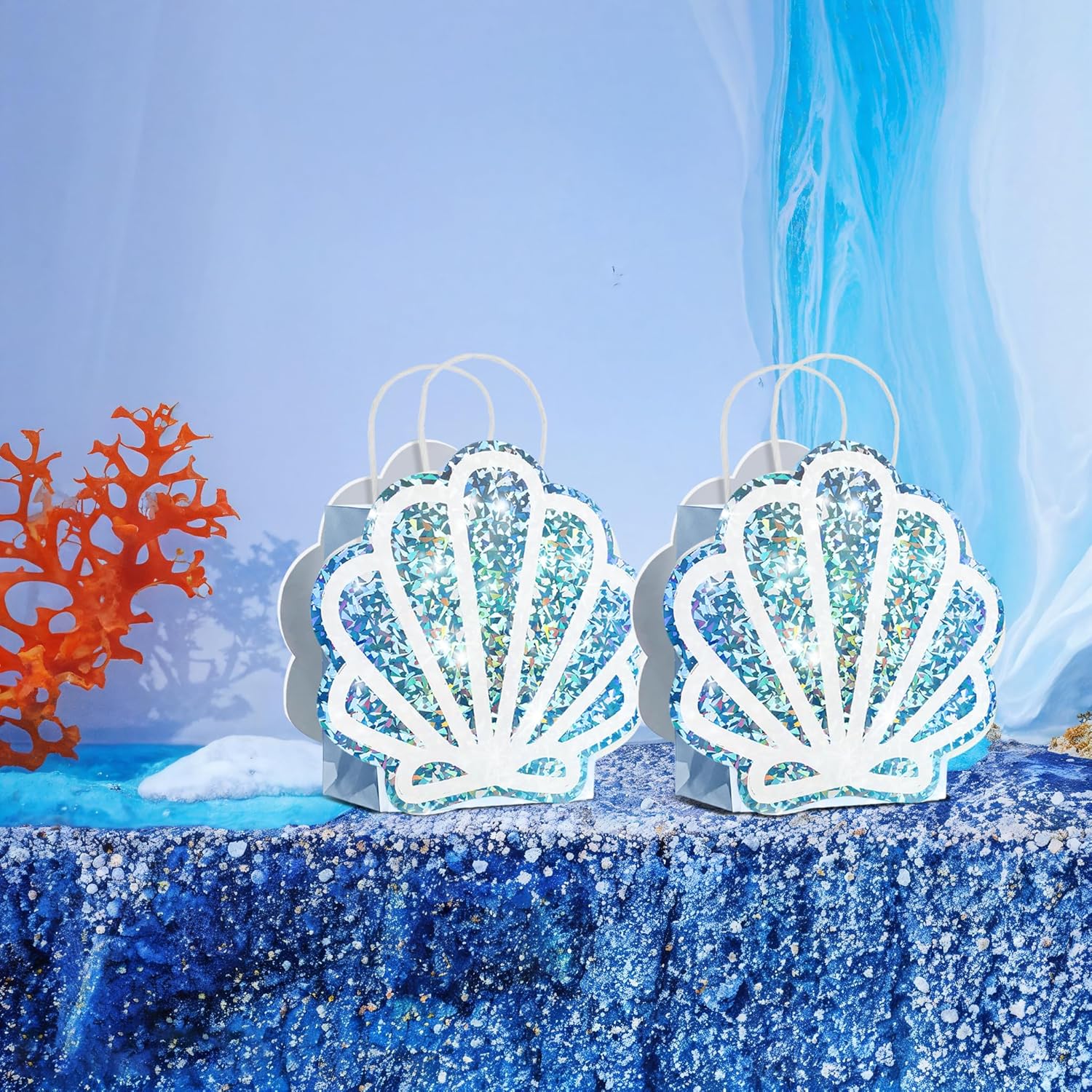 Sariiraw 16 Pack Holographic Seashell Gift Bags with Handles