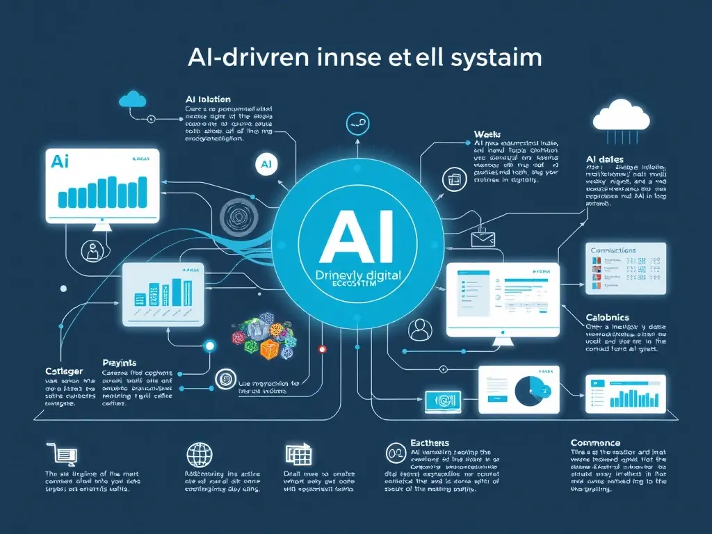 An infographic illustrating the components of an AI-driven digital ecosystem, showcasing data flow, analytics dashboards, and interconnected business processes.