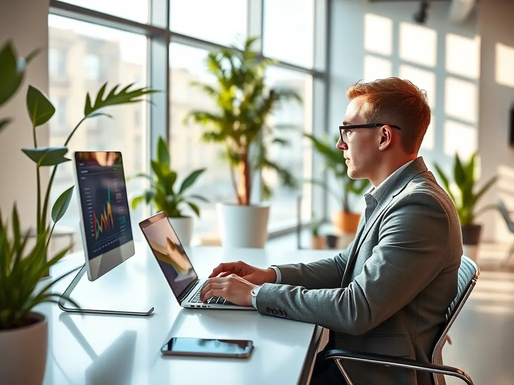 A consultant in a modern office setting, analyzing data on a large screen, with charts and graphs illustrating business performance improvements.