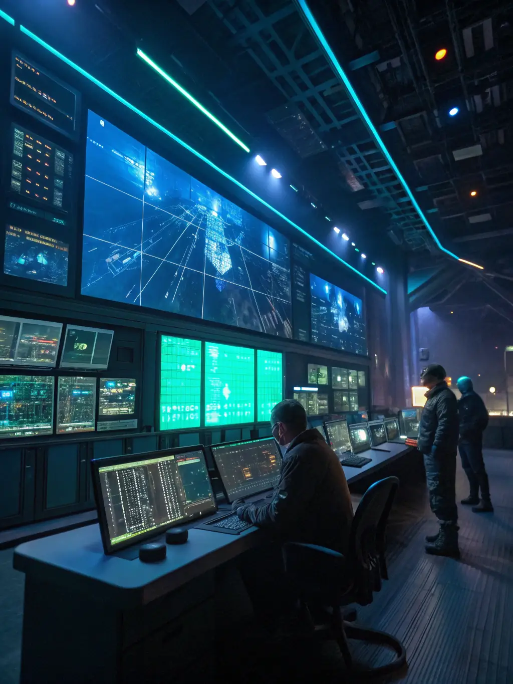 An image of a futuristic control room with analysts monitoring real-time data streams, representing predictive analytics in action.