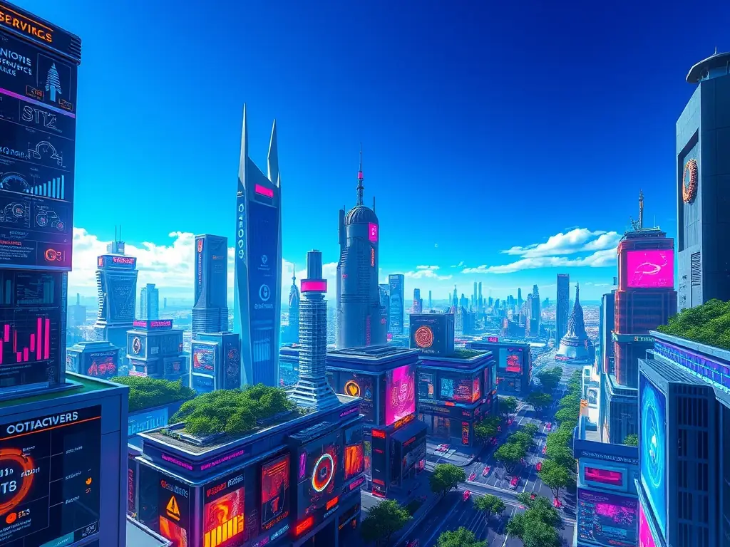 A futuristic cityscape with interconnected nodes representing various industries and technologies, symbolizing InfiniGrid's comprehensive consulting approach.