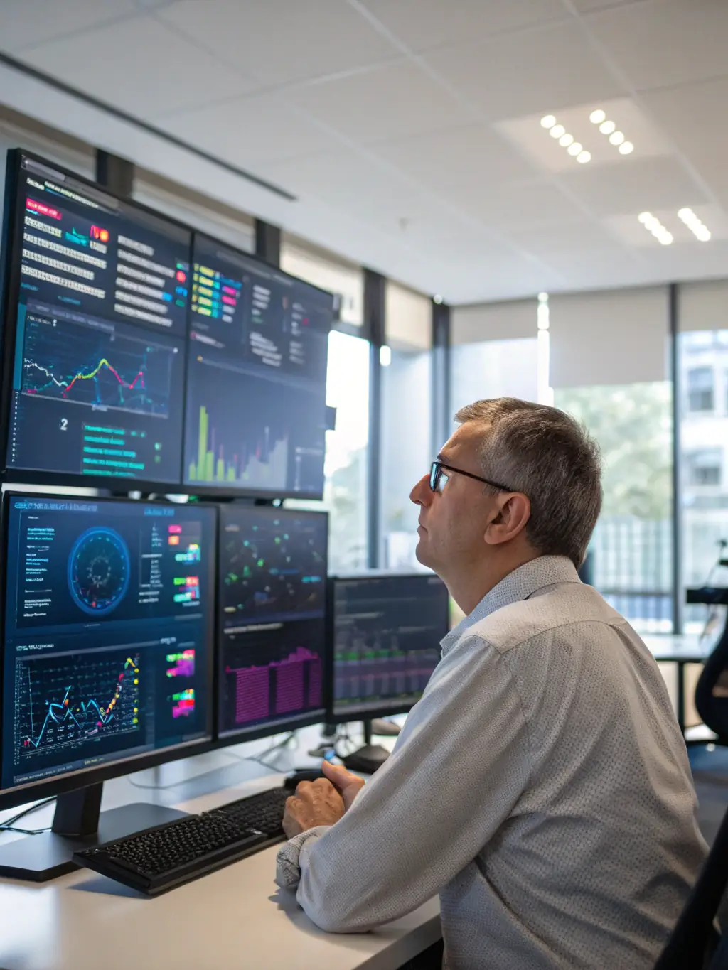 A professional photograph of a data scientist analyzing complex datasets on multiple screens, symbolizing AI-driven digital ecosystems.